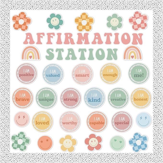 Classroom Bulletin Board Decoration - 120pcs Boho Affirmation Station Motivational Cutout Borders Decor Set, Back to School Chalkboard Library Wall Accents Ideas Kits for Welcome Party Supplies