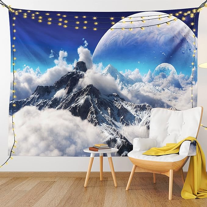 Ambesonne Fantasy Tapestry Queen Size, Celestial View of Snow Capped Mountains and Alien Planet Print, Wall Hanging Bedspread Bed Cover Wall Decor, 88" X 88", White and Navy Blue