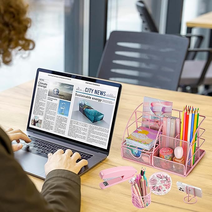 Pink Desk Organizers and Accessories Office Supplies Set Stapler, Pen Holder, Phone Holder, Scissors, Pen, Ruler, 30 Paper Clips, 22 Binder Clip, 20 Tacks and 1000pcs Staples