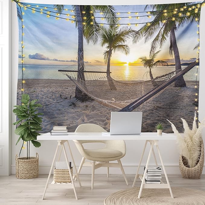 Ambesonne Tropical Tapestry, Paradise Beach Hammock and Coconut Palm Trees Horizon Coast Vacation Scenery, Fabric Wall Hanging Decor for Bedroom Living Room Dorm, 45" X 30", Sand Brown