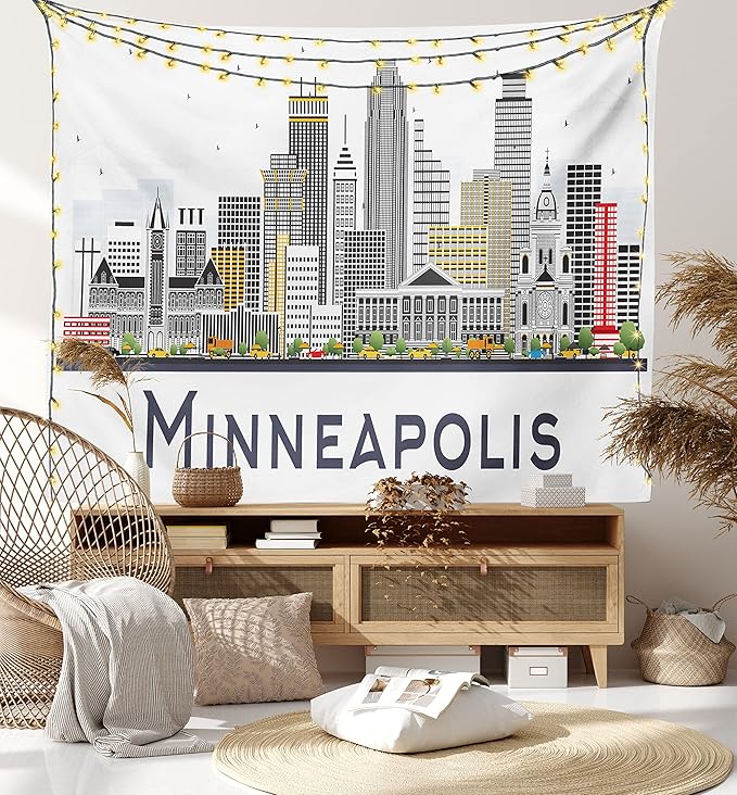 Ambesonne Minnesota Tapestry King Size, Elevation of a Street in Minneapolis Image with High Detailed Facades, Wall Hanging Bedspread Bed Cover Wall Decor, 104" X 88", White Grey