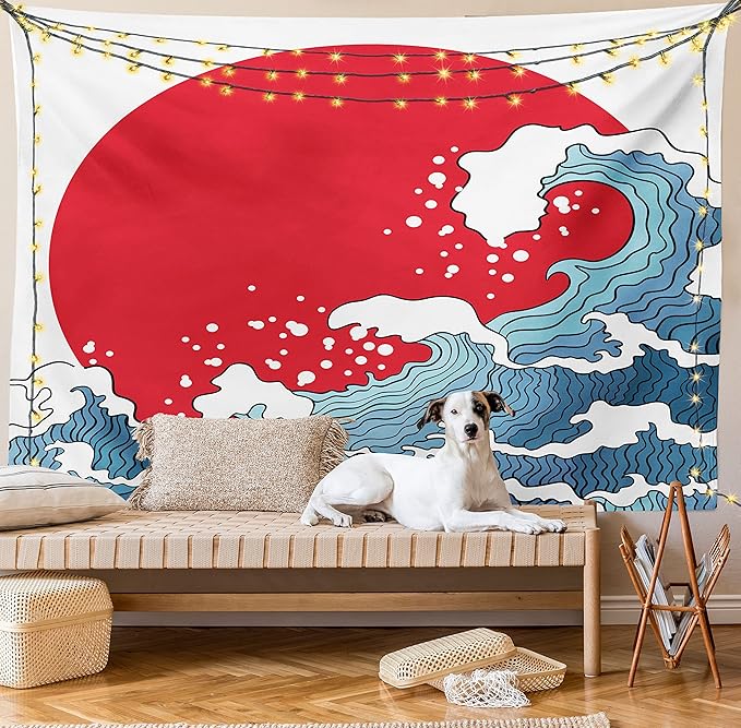 Ambesonne Japanese Wave Tapestry Queen Size, Big Red Sun Setting Scenery Tropical Nautical Tsunami Swirls, Wall Hanging Bedspread Bed Cover Wall Decor, Queen Size, Red Blue White