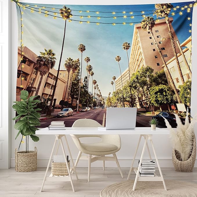 Ambesonne Urban Tapestry Twin Size, Street in Beverly Hills CaliforniPalm Trees Houses Famous City Photo, Wall Hanging Bedspread Bed Cover Wall Decor, 68" X 88", Pale Blue Peach Green