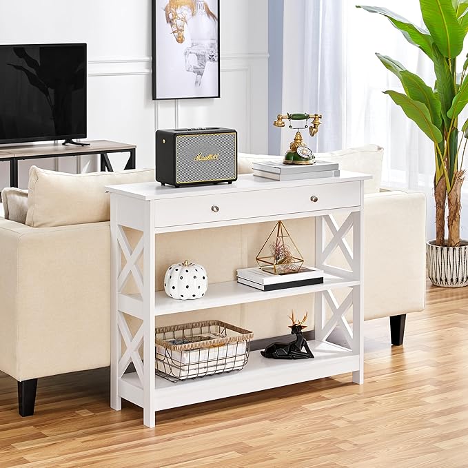 Yaheetech Console Table with Drawer, 3-Tier Entryway Table with Storage Shelves, Wood Narrow Sofa Table for Entryway/Hallway/Living Room, White