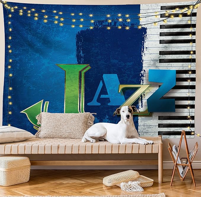Ambesonne Jazz Music Tapestry Queen Size, Abstract Cracked Background Piano Keys Themed Print Rhytym Image, Wall Hanging Bedspread Bed Cover Wall Decor, 88" X 88", Navy Green White