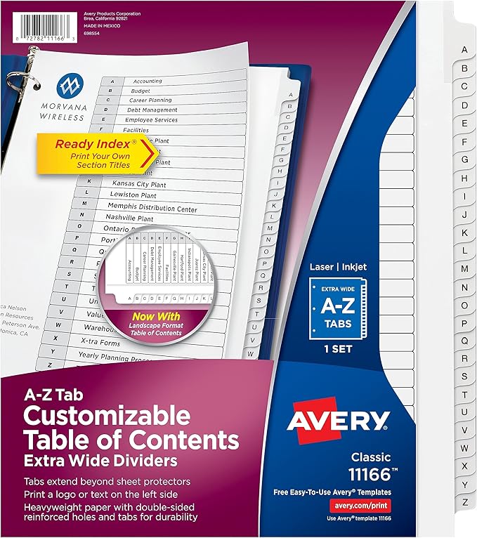 Avery Extra-Wide Dividers for 3 Ring Binders, 26 Tabs per Set, Customizable Table of Contents, Multicolor Tabs, Works Great with Sheet Protectors (11166)