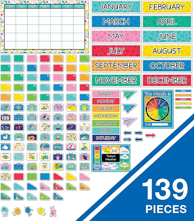 Carson Dellosa Happy Place 139 pc Set Calendar, Monthly Headers, Birthday, Holidays, Numbers Cover Ups, Seasons, Weather, and Days of The Week Chart for Classroom, Bulletin Board, Wall Decor