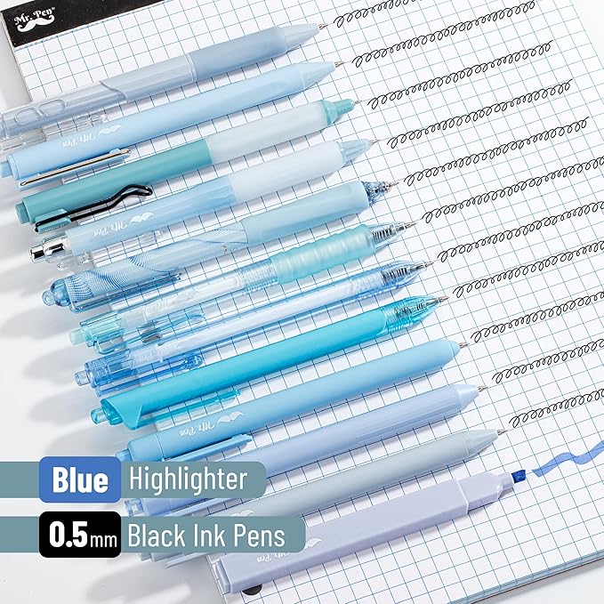 Mr. Pen- Gel Pen Set, 12 Pack, Pastel Blue Barrels, 1 x Aesthetic Highlighter, 0.5mm Black Ink Gel Pens for Journaling