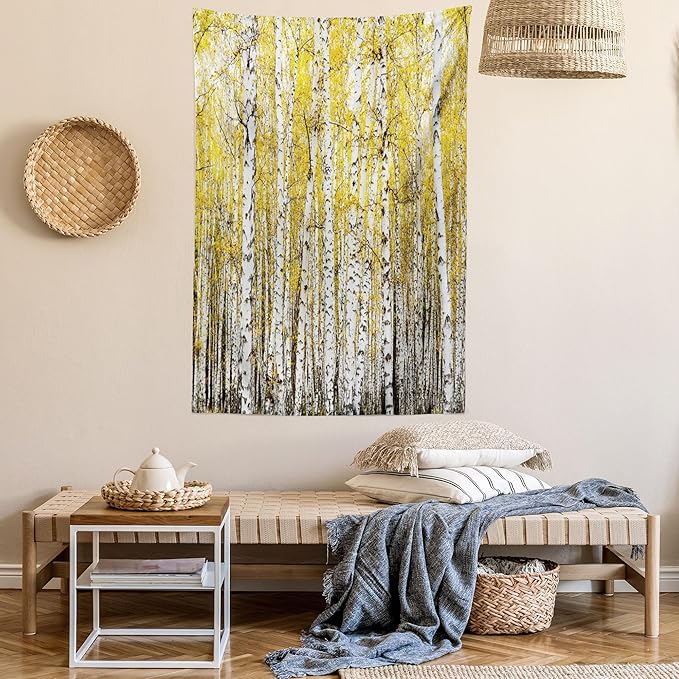 Ambesonne Forest Tapestry, Autumn Birch Forest Golden Yellow Leaves Woodland October Seasonal Nature Picture, Wall Hanging for Bedroom Living Room Dorm Decor, 60" X 80", Yellow Grey