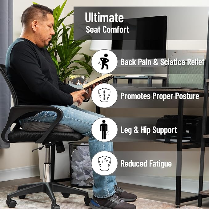 Mind Reader Memory Foam Seat Cushion with Air-Cloud Technology, Sciatica, Coccyx & Hip Pain Relief, Office, Memory Foam, Gray