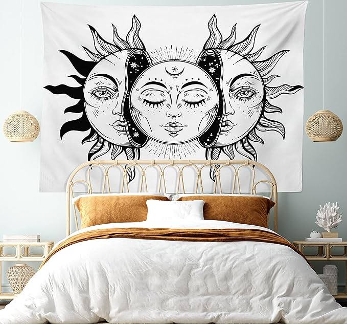 Ambesonne Moon Tapestry King Size, Monochrome Sun and Moon Pattern Oriental Image Culture Inspired Design Print, Wall Hanging Bedspread Bed Cover Wall Decor, 104" X 88", White Black