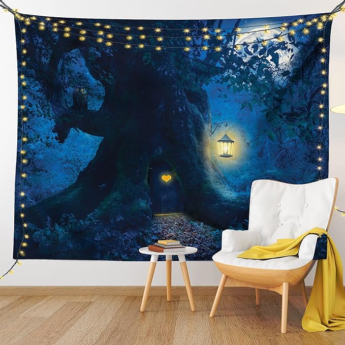 Ambesonne Fantasy Tapestry, Night with a Little Home in The Trunk of an Tree in The Woods Print, Fabric Wall Hanging Decor for Bedroom Living Room Dorm, 23" X 28", Navy Blue
