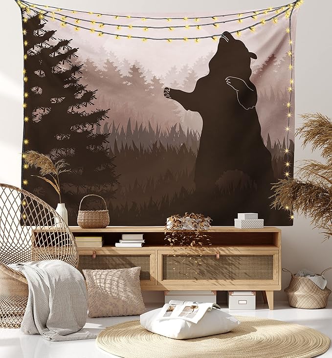 Ambesonne Nature Tapestry, Silhouette of Wild Bear in the Jungle Woodland at Dark Night Illustration, Fabric Wall Hanging Decor for Bedroom Living Room Dorm, 28" X 23", Army Green Pale Peach