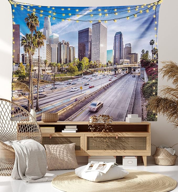 Ambesonne Travel Tapestry Queen Size, Downtown Cityscape of Los Angeles California USA Avenue Buildings Palms Print, Wall Hanging Bedspread Bed Cover Wall Decor, 88" X 88", Blue Grey Green