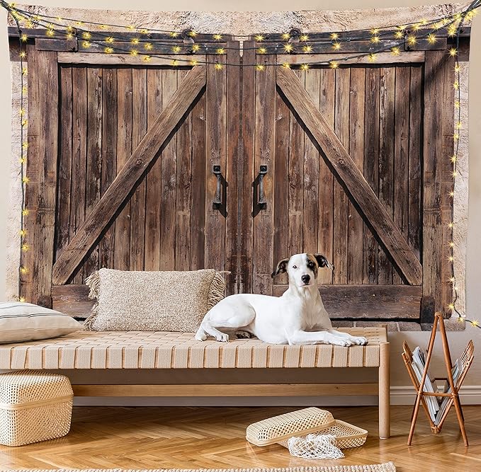 Ambesonne Rustic Tapestry, Wooden Barn Door in Stone Farmhouse Image Vintage Desgin Rural Art Architecture Print, Fabric Wall Hanging Decor for Bedroom Living Room Dorm, 28" X 23", Cream Brown