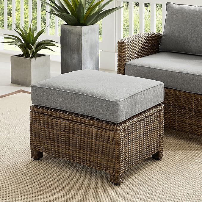 Crosley Furniture Bradenton Wicker Outdoor Ottoman Foot Rest for Patio, Deck, Porch, Brown with Gray Cushions