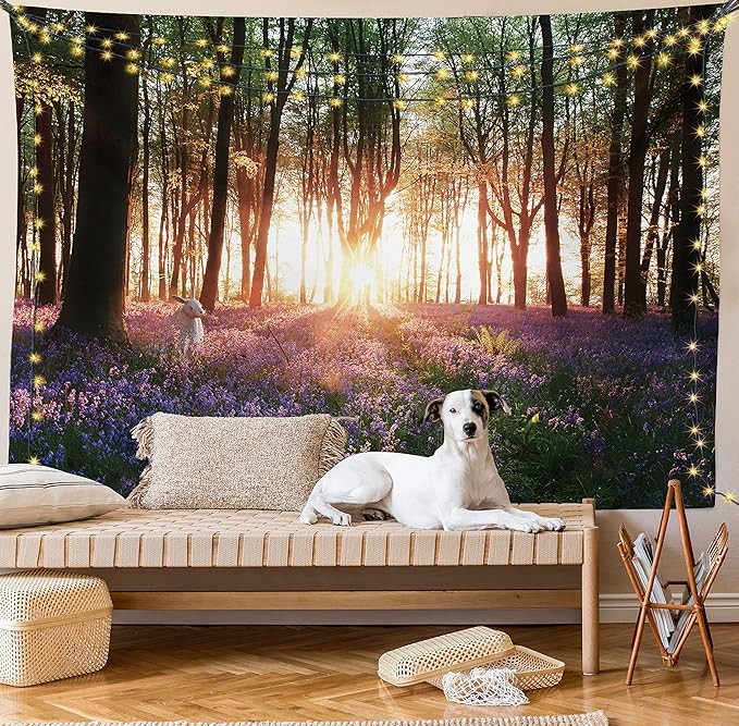 Ambesonne Forest Tapestry Queen Size, Bluebell Woods Sunrise with White Rabbit Sunny Spring Day in Woodland, Wall Hanging Bedspread Bed Cover Wall Decor, 88" X 88", Purple Green