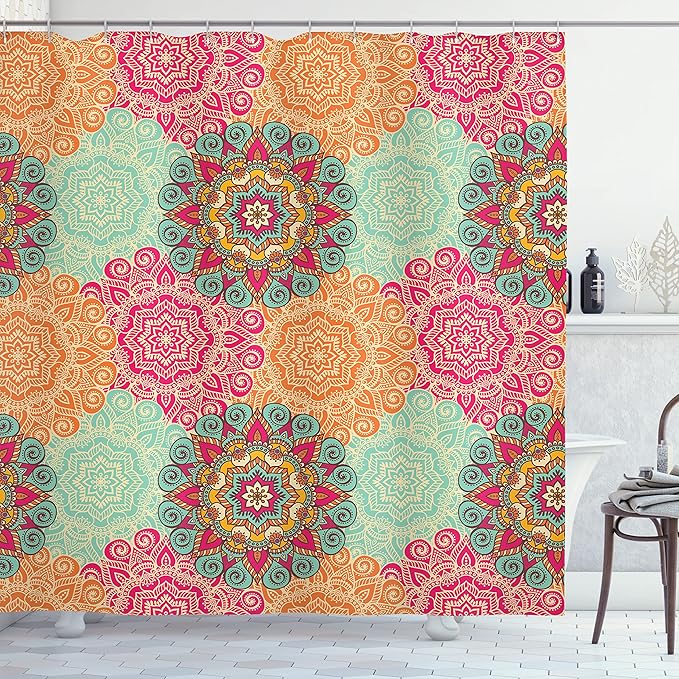 Ambesonne Mandala Shower Curtain, Antique Mandala Patterns Circles in Vintage Colors Native Tribal Ornamental, Cloth Fabric Bathroom Decor Set with Hooks, 75" Long, Fuchsia Orange