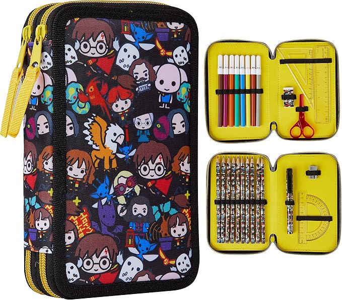 Harry Potter Gifts Pencil Case for Kids, Large Double Zip Organizer Pencil Pouch Filled with School Art Supplies, Stationery Set for Boys and Girls (Black AOP)