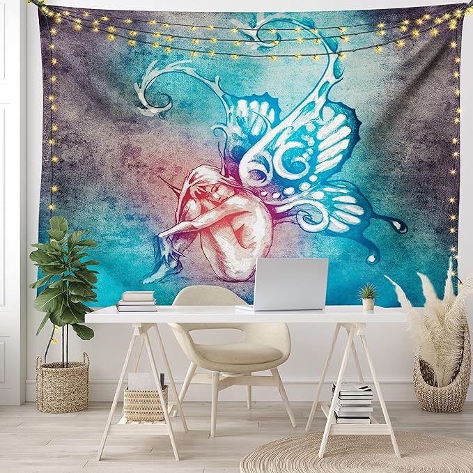 Ambesonne Butterfly Tapestry King Size, with Butterfly Wings Renewal Female Rebirth Psyche Lightness of Being, Wall Hanging Bedspread Bed Cover Wall Decor, 104" X 88", Blue Purple
