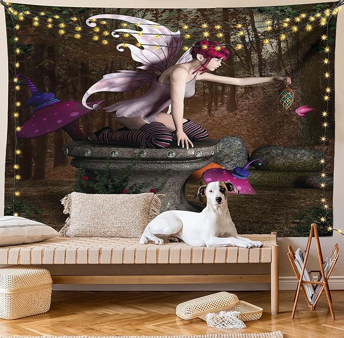 Ambesonne Tale Tapestry, Dimensional Mythical Creature Design Artifact on Pedestal Forest Print, Fabric Wall Hanging Decor for Bedroom Living Room Dorm, 30" X 45", Red Purple Grey