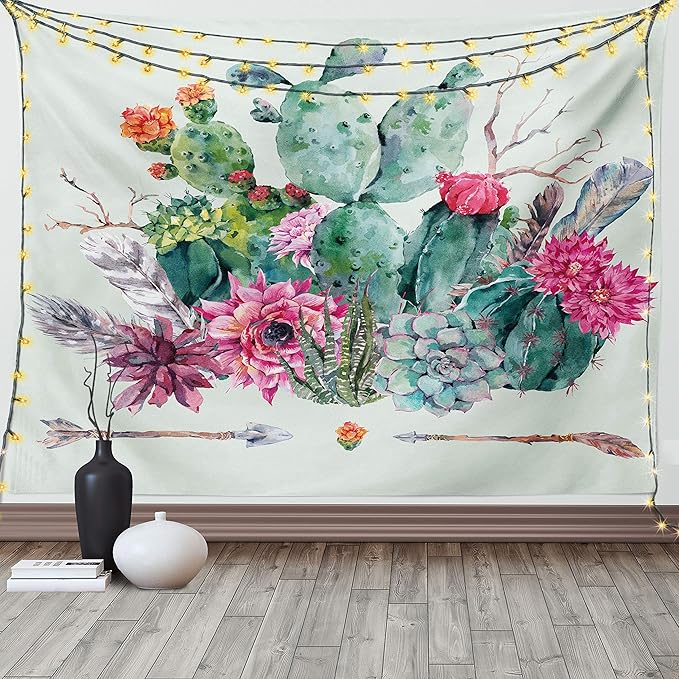 Ambesonne Cactus Tapestry, Spring Garden Boho Style Bouquet of Thorny Plants Blossoms Arrows Feathers, Fabric Wall Hanging Decor for Bedroom Living Room Dorm, 90" X 60", Rose Green Brown
