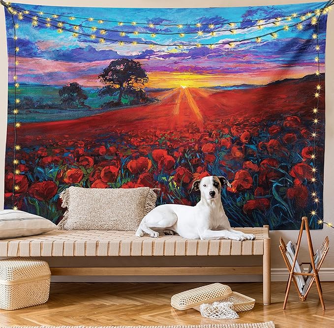 Ambesonne Country Tapestry, Clouds at Sunset Paint Scenery of Poppy Flower Garden on Valley with Horizon, Fabric Wall Hanging Decor for Bedroom Living Room Dorm, 30" X 45", Burgundy Deep Sky Blue