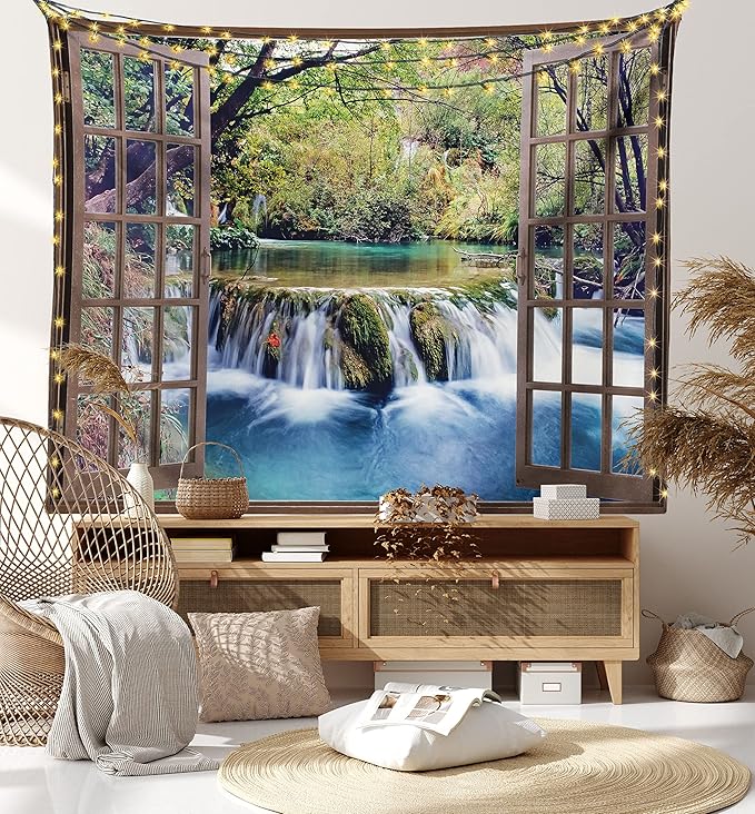 Ambesonne Waterfall Tapestry King Size, Wide Waterfall Deep down in the Forest Seen from a City Window Epic Surreal Print, Wall Hanging Bedspread Bed Cover Wall Decor, 104" X 88", Brown Black