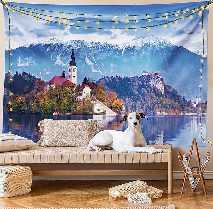 Ambesonne Landscape Tapestry, Photo of Bled in Slovenia with Lake Snowy Mountains and a Castle Pastoral Scenery, Fabric Wall Hanging Decor for Bedroom Living Room Dorm, 30" X 45", Blue Lavender