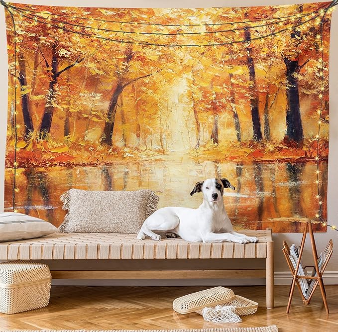 Ambesonne Country Tapestry King Size, Painting of a Forest by the Small Lake in Autumn Pale Fall Trees and Leaves Art, Wall Hanging Bedspread Bed Cover Wall Decor, 104" X 88", Brown Orange