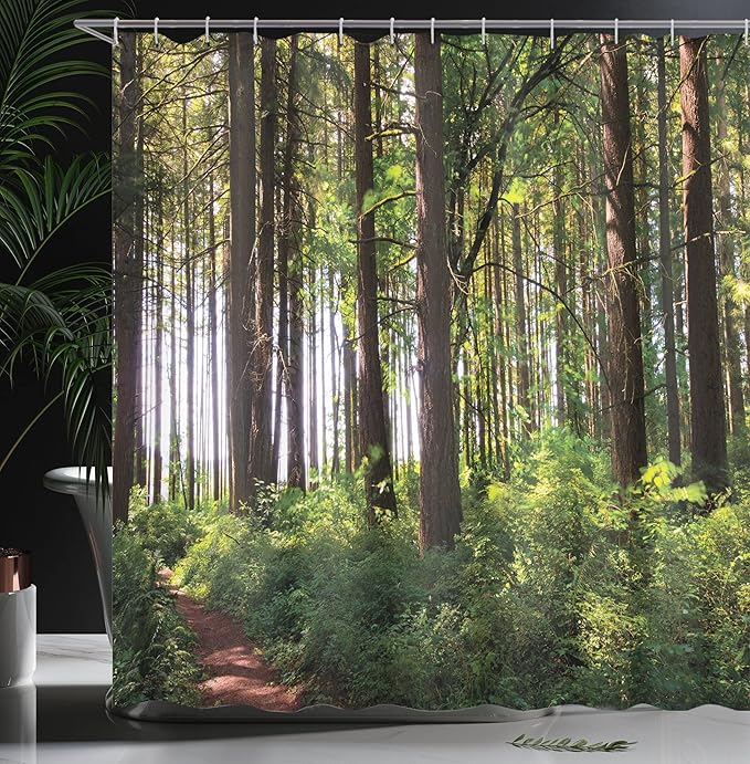 Ambesonne Forest Shower Curtain, Pathway in a Shady Forest of Bushes and Thick Trunks Grass Unique Wild Life Scenery, Cloth Fabric Bathroom Decor Set with Hooks, 69" W x 70" L, Green Brown