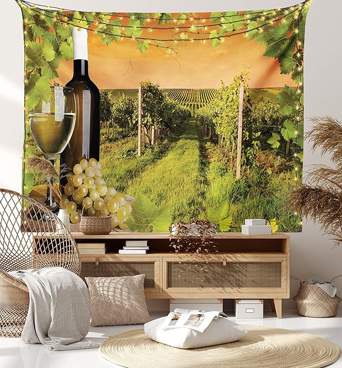 Ambesonne Winery Tapestry, Bottle and Glass of Wine and Vineyards of Sunset Countryside Romantic Evening View, Fabric Wall Hanging Decor for Bedroom Living Room Dorm, 23" X 28", Orange Green