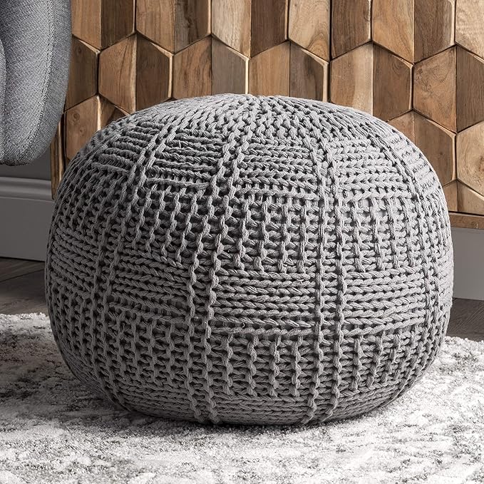 nuLOOM Berlin Casual Knitted Filled Ottoman Pouf 14" x 20" x 20" Grey