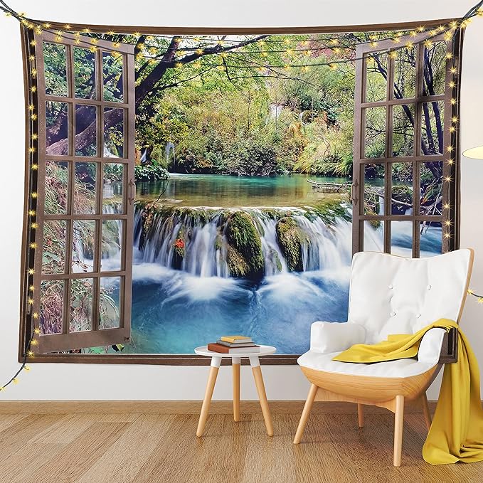 Ambesonne Waterfall Tapestry Twin Size, Wide Waterfall Deep down in the Forest Seen from a City Window Epic Surreal Print, Wall Hanging Bedspread Bed Cover Wall Decor, 68" X 88", Brown Black