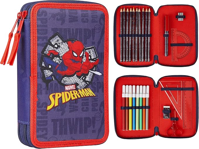 Marvel Boy's Pencil Case, Pencil Case with Compartments Filled School Supplies, Felt, Coloured Pencil, Spiderman Avengers Back to School Gift