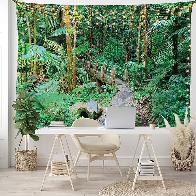 Ambesonne Puerto Rico Tapestry King Size, Tropical Rain Forest in San Juan Exotic Jungle Nature Photography, Wall Hanging Bedspread Bed Cover Wall Decor, 104" X 88", Green Pale Brown Ginger