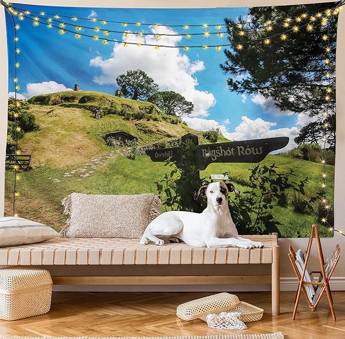 Ambesonne Hobbits Tapestry, Overhill Hobbit Village in Matamata New Zealand Fantasy Scene House Image Print, Fabric Wall Hanging Decor for Bedroom Living Room Dorm, 45" X 30", Green Blue