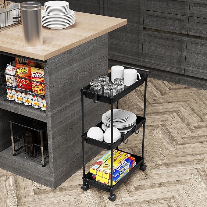 SimpleHouseware Standard 3-Tier Slim Rolling Storage Cart, Black