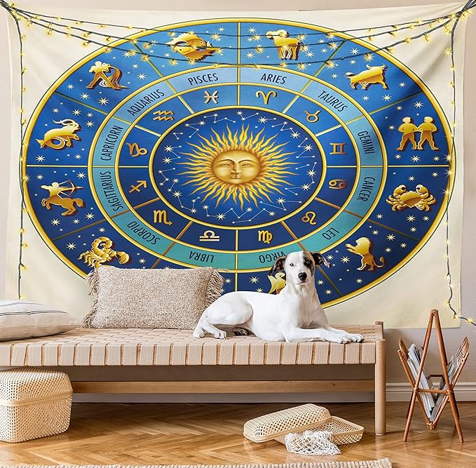 Ambesonne Astrology Tapestry Queen Size, Wheel of Astrological Signs Names Dates Moon Sun in Middle, Wall Hanging Bedspread Bed Cover Wall Decor, Queen Size, Blue Yellow and Cream