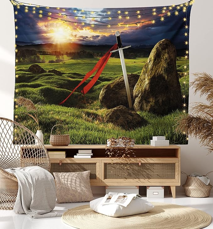 Ambesonne King Tapestry, Arthur Camelot Myth in England Ireland Fields Invincible Myth Image, Fabric Wall Hanging Decor for Bedroom Living Room Dorm, 30" X 45", Green Blue Red