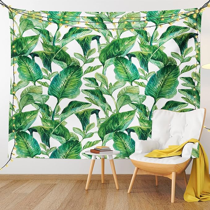Ambesonne Leaf Tapestry King Size, Romantic Holiday Island Hawaiian Banana Trees Watercolored Image, Wall Hanging Bedspread Bed Cover Wall Decor, 104" X 88", Forest Green