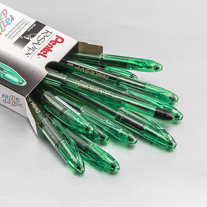 Pentel RSVP Razzle-Dazzle Ballpoint Pen, (1.0mm) Medium Line, Green Barrel, Black Ink, Box of 12 (BK91RDD-A)