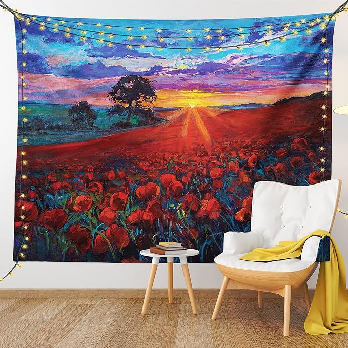 Ambesonne Country Tapestry Queen Size, Clouds at Sunset Paint Scenery of Poppy Flower Garden on Valley with Horizon, Wall Hanging Bedspread Bed Cover Wall Decor, 88" X 88", Burgundy Deep Sky Blue