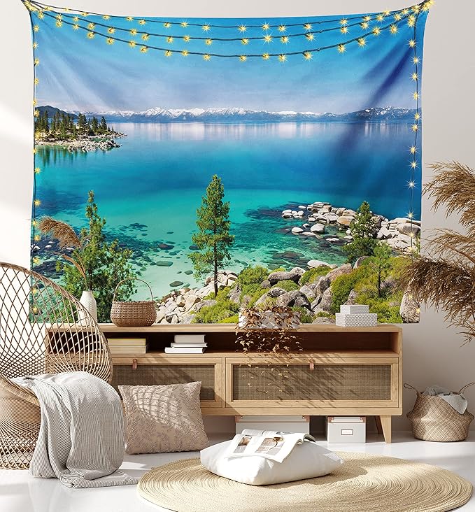 Ambesonne Blue Tapestry, Tranquil View of Lake Tahoe Sierra Pines on Rocks with Turquoise Waters Shoreline, Fabric Wall Hanging Decor for Bedroom Living Room Dorm, 23" X 28", Blue Grey Green