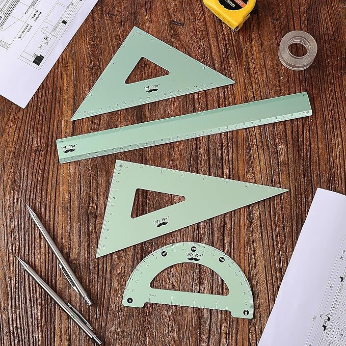 Mr. Pen- Geometry Set, 4 Pack, Light Green, Metal Geometry Kit, Triangle Ruler, Metal Ruler, Drafting Triangles, Metal Protractor, Metal Set Square, Drafting Ruler, Drafting Set