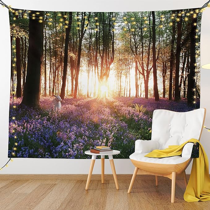 Ambesonne Forest Tapestry, Bluebell Woods Sunrise with White Rabbit Sunny Spring Day in Woodland, Fabric Wall Hanging Decor for Bedroom Living Room Dorm, 23" X 28", Purple Green