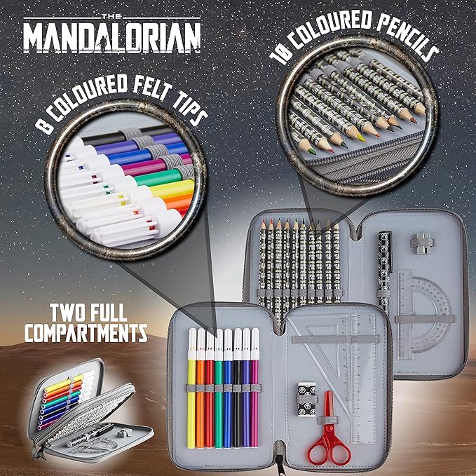 Disney Star Wars Pencil Case with Stationery Set for Boys Girls School Supplies with Zipper Compartments The Mandalorian Back to School Gifts for Kids