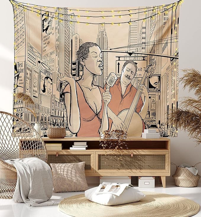 Ambesonne Jazz Music Tapestry King Size, Singer Double-Bass Player in a Street of New York Urban Lifestyle Image, Wall Hanging Bedspread Bed Cover Wall Decor, 104" X 88", Brown Beige