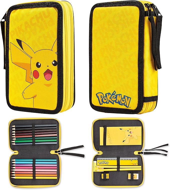 Pokemon Pencil Case for Boys Girls Pikachu Stationery Set with Colored Pencils Sharpener Ruler Eraser Notepad School Supplies Anime Gifts for Kids (Yellow)