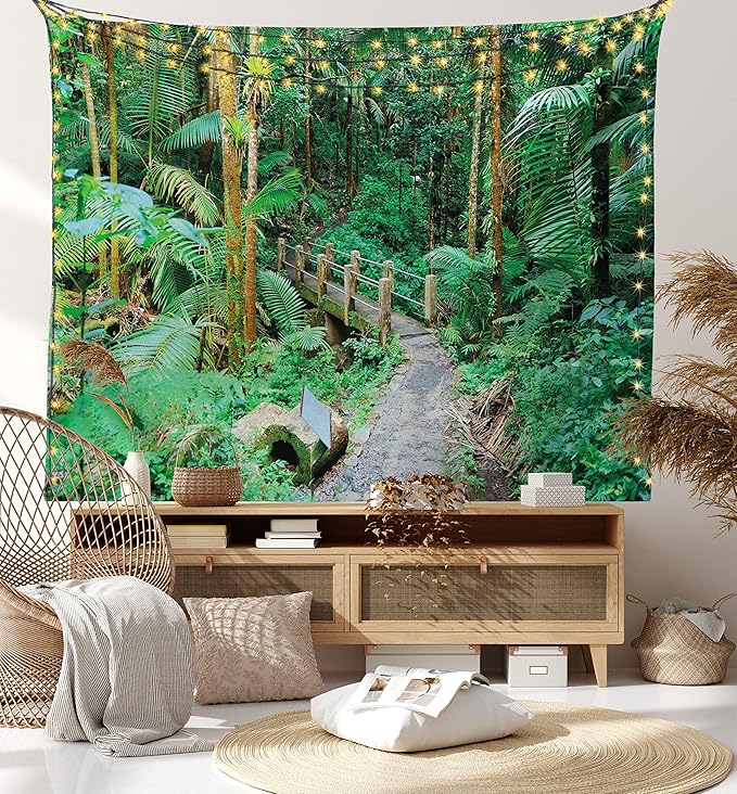 Ambesonne Puerto Rico Tapestry King Size, Tropical Rain Forest in San Juan Exotic Jungle Nature Photography, Wall Hanging Bedspread Bed Cover Wall Decor, 104" X 88", Green Pale Brown Ginger